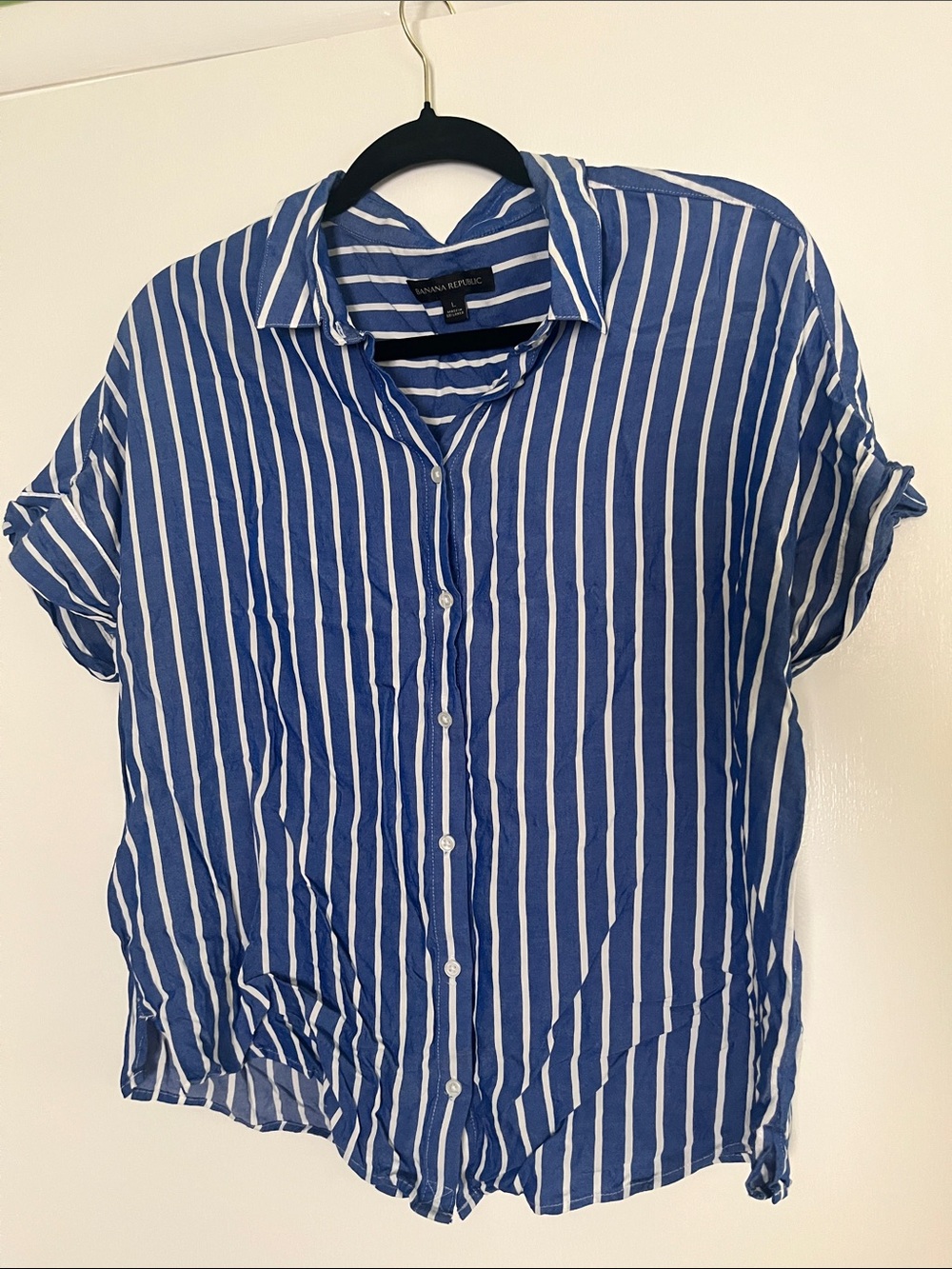 Banana Republic Blue and White Vertical Stripe Short-Sleeve Shirt